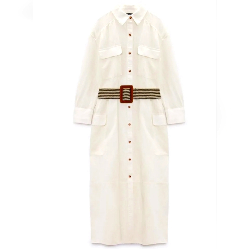 Linen Blended BELTed Shirt Dress